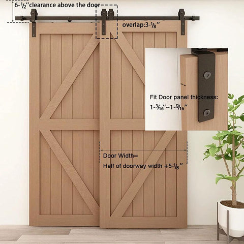 Beefy 11Ft Bypass Barn Door Hardware Kit For 66 Inch Double Doors with sliding wood track, installed view