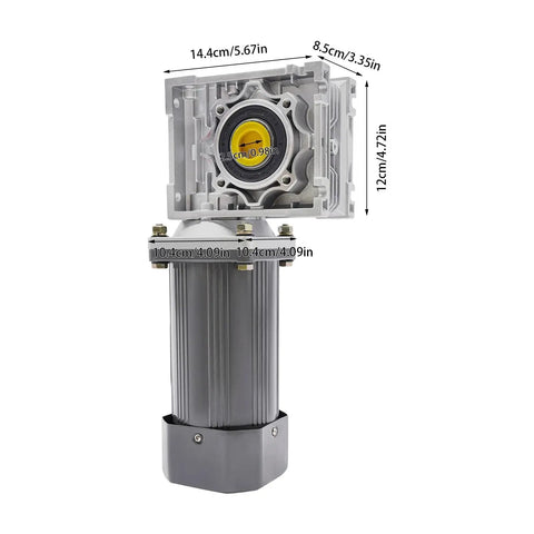 AC 110V 370W Worm Gear Reducer Motor With Speed Controller side view showing aluminum alloy construction and dimensions.