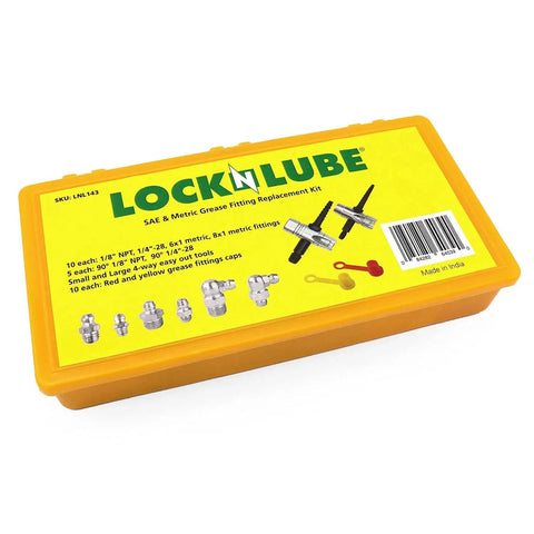 Complete Grease Fitting Replacement Kit With SAE And Metric Zerks For Straight And Ninety Degree Fittings Ten Each Of One Eighth NPT One Quarter Twenty Eight SAE LT Six By One Metric Eight By One Metric Includes Two Multi Tools And Twenty Caps LockNLube