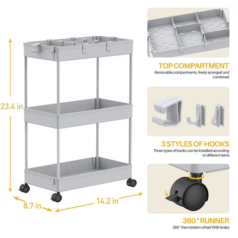 Three Tier Rolling Cart With Wheels For Office Living Room And Kitchen Gray Three Hanging Baskets Craft And Art Trolley Organizer