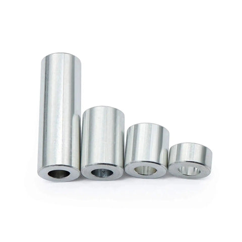 Four 6061 aluminum spacers in varying heights, half inch outer diameter, quarter inch inner bore, durable bearing surface.