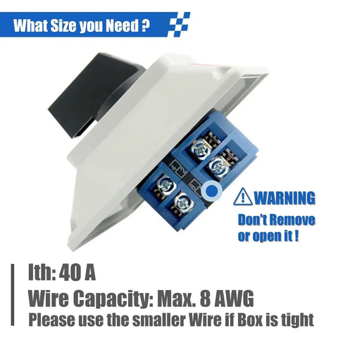 Heavy Duty 40A Rotary Changeover Switch with Box 660V 3 Position, showing wire capacity and warning label