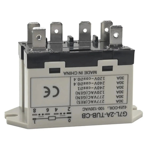 Beefy 100-120VAC Power Relay With 30A At 277VAC 6 Pin DPST Normally Open Contacts, quick connect terminals, side view.