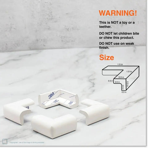 Slimfit Corner Edge Protector For Baby Proofing pieces on marble surface with warning text and product dimensions diagram