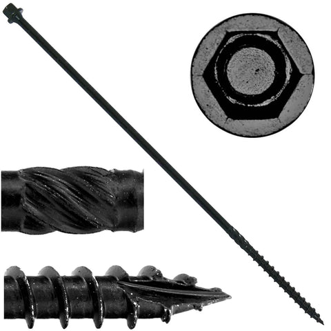 Beefy Black Timber And Landscaping Wood Screws Size Fourteen By Twelve Inch Exterior Coated For Logs And Decking Heavy Duty Exterior Screws ACQ Compatible 50 Count Box With Five Sixteenth Inch Hex Drive showing full length and close-up details.