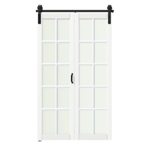 Bi-Fold Barn Door Kit 42 By 84 Inches With 10-Lite Tempered Frosted Glass Panels And Sliding Hardware For Two Doors White MDF Closet Slab 3.83 Foot Track Space Saving Modern Home Upgrade