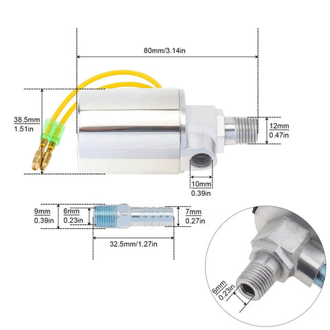 Side view of Air Horn Solenoid Valve One Quarter Inch NPT For 12V And 24V DC Systems, chrome plated, 150 PSI, with dimensions.