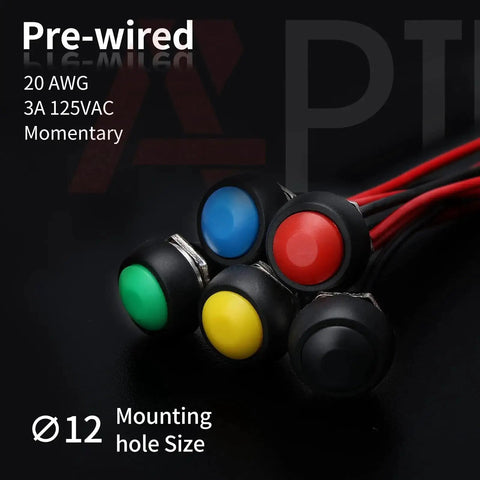 Colorful pre-wired 12mm waterproof momentary push button switches, 2 pin SPST NO, shown in 6 pack for DIY electronics and control panels