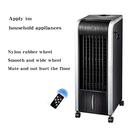 Portable air cooler on casters with remote control next to it, featuring sleek black and silver design, ideal for household use.