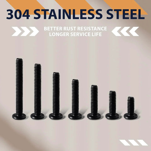 1/4-20 X 2 Inch Flat Head Hex Socket Cap Screws Bolts In Black Oxide 304 Stainless Steel 18-8 Fully Threaded With Hex Drive Furniture Fasteners Includes Hex Spanner For Built Tough DIY Projects displayed in various sizes on a neutral background, emphasizing rust resistance and durability.