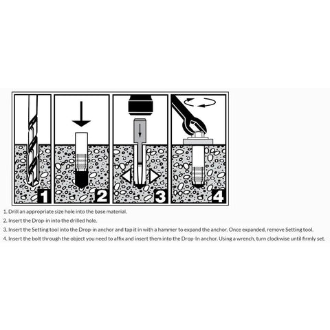 Installation guide for Premium Knurled Drop In Anchors For Concrete, Zinc Plated Carbon Steel, Half Inch Bolt Size, Two Inch Hole Depth