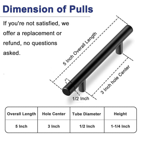 Dimensions chart of 60 Pack 3 Inch Center To Center Matte Black Cabinet Pulls, showing overall length, hole center, diameter, and height.