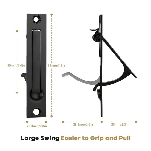 Front and side view of Matte Black Pocket Door Hardware Set with Two Recessed Flush Finger Pulls and One Edge Pull.