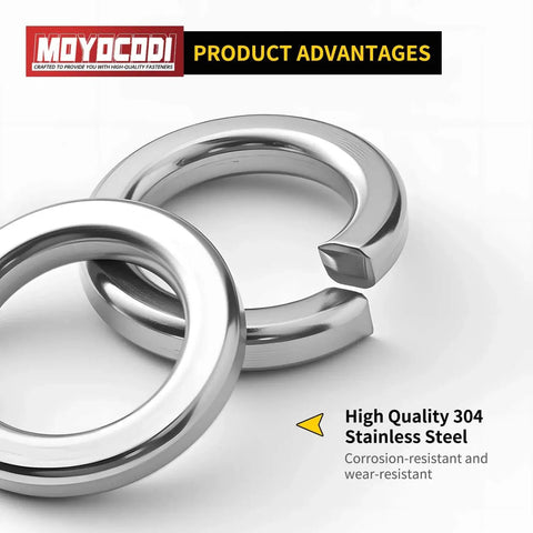 Two M4 split lock washers, 304 stainless steel, bright silver finish.