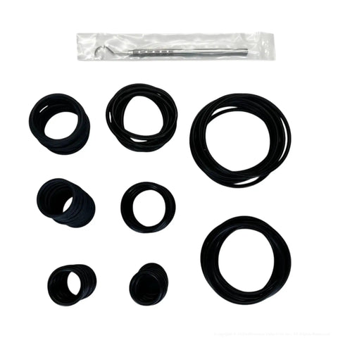 All In One Heavy Duty SAE Hydraulic O Ring Flange Kit With 80 Buna 90 O Rings For Code 61 And Code 62 High Pressure Seals Sized From One Half Inch To Two And One Half Inch Includes Eight SAE Sizes From Eight Through Thirty Two displayed with seals and tool