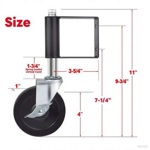 Heavy Duty Gate Caster With Built In Spring For Wooden Gates And Fences, Swivel Wheel, 250 Lbs Load Capacity, 4 Inch Rubber Wheel, Black Finish