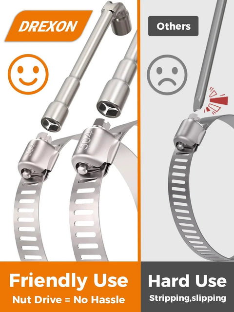 Comparison of friendly-use nut drive clamps vs hard-use clamps, illustrating the benefits of the 200 Piece Hose Clamp Kit Assortment In Heavy Duty 304 Stainless Steel Worm Gear Clamps One Quarter To Two Inches Range Eight Size Automotive Fuel Line Radiator Coolant Hose Clamp Set Ideal For Automotive Repairs And DIY Projects.