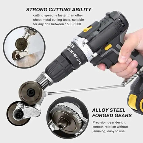 Two Pack Electric Drill Plate Cutter Attachment 2024 Upgraded Metal Sheet Nibbler in use, showing strong cutting gears and details.