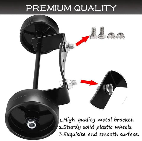Amazon universal patio heater wheel kit with black plastic wheels, metal bracket and mounting bolts.
