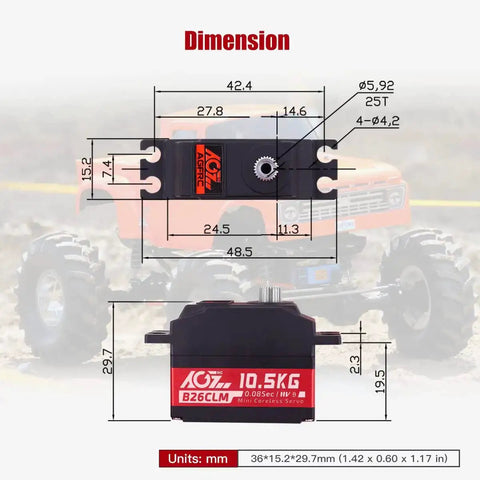 Dimensions of Beefed Up 10.5Kg Digital Coreless RC Servo Motor With Aluminum Shell And Titanium Gear for 1/12 Scale Vehicles