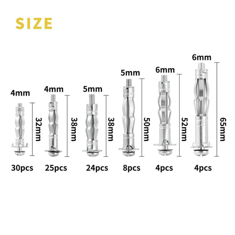 Heavy Duty Hollow Wall Anchor Set With Zinc Plated Steel Bolts For Drywall Hollow Drive Anchors 5 Size 52 Piece Assortment Kit