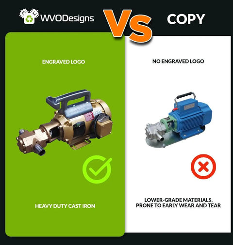 Comparison of heavy-duty cast iron oil pump with embossed logo versus lower-grade oil pump without logo.
