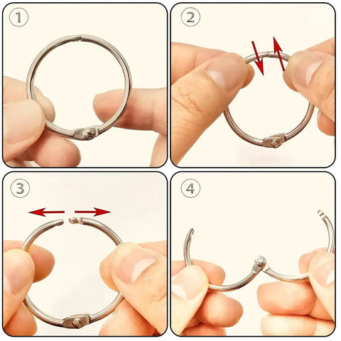 Instructions for opening 40 Pack 1 Inch Binder Rings With Metal Single Hole Punch Nickel Plated Steel Rings For Index Cards And Flash Cards Silver Holds Up To 175 Sheets Of 20 Lb Paper.