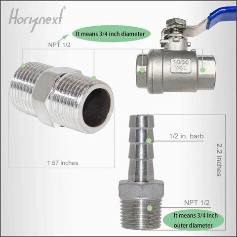 NPT One Half Inch Home Brew Bulkhead Ball Valve Made Of 304 Stainless Steel for Kettle Tap Equipment Kit Weldless Water Tank Spigot Horiznext Built Tough With Food Grade Silicone Seals, shown in different angles and measurements.