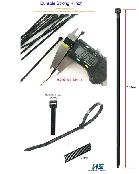 Tough As Nails 4 Inch Nylon Zip Ties Bulk Pack 1000 Count Self Locking Cable Ties UV Rated Black, shown with caliper.