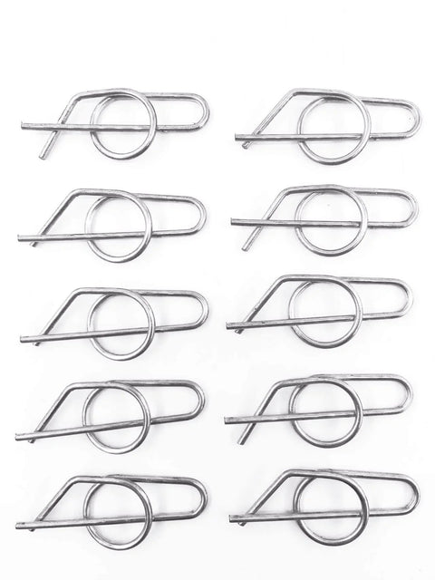 Set of 10 steel heavy duty replacement spring locking cotter pins for John Deere lawn and garden tractors.