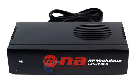 Front view of Universal RF Modulator For RCA Audio Video To Coax Output, with power button and logo visible on black casing.