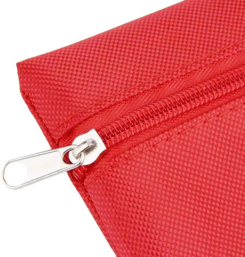 Close-up of a red waterproof nylon pouch with zipper, part of a Pack Of 12 Empty First Aid Kit Pouches For Travel And Outdoor Emergencies.