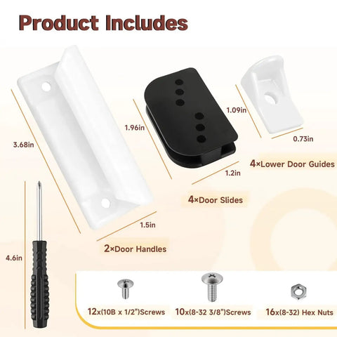 Diagram showing contents of Door Tune-Up Kit For Arrow Shed Sliding Doors Full Replacement Set With 4 Lower Door Guides, 4 Door Slides