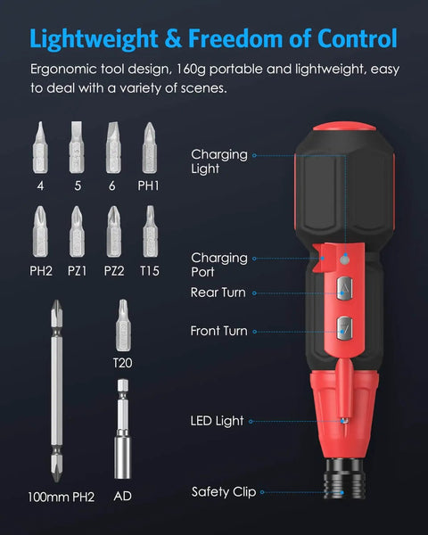 Cordless Power Screwdriver Kit With USB Cable And LED Lights, showing bits, ergonomic design, and charge indicators for DIY projects