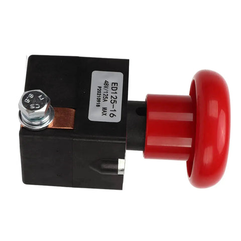 Emergency Stop Switch For Forklifts 48V 125A ED125-16 heavy duty push button with metal alloy construction, side view