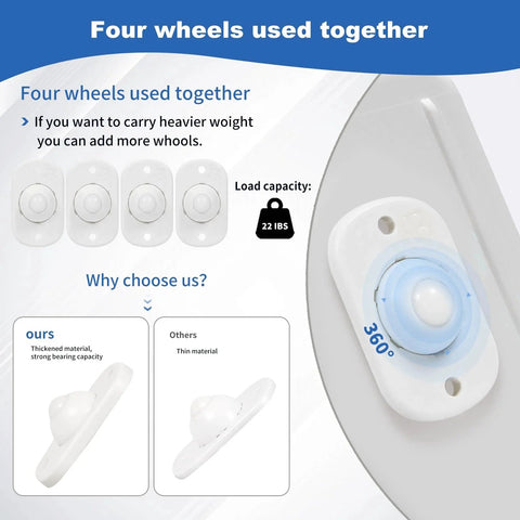 Self Adhesive Mini Caster Wheels For Kitchen Appliances 8 Pieces Universal 360 Degree Swivel Sliders load capacity 22 lbs