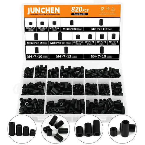 Must Have Black Nylon Spacers Kit With 820 Pieces And 14 Size Assortment for Electrical Outlets displayed in storage box.