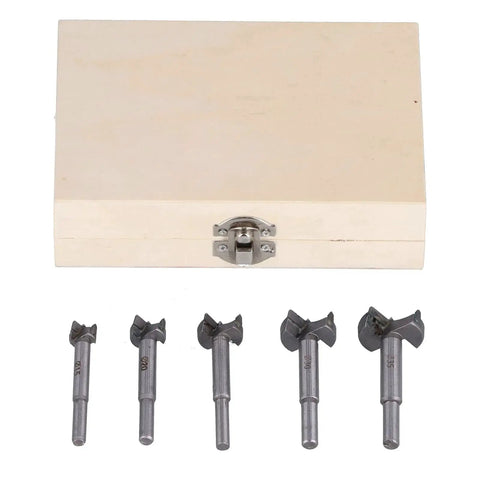5 Piece Woodworking Drill Bit Set For Hinge Holes with storage case, showing 15mm, 20mm, 25mm, 30mm, 35mm steel bits and wood case.