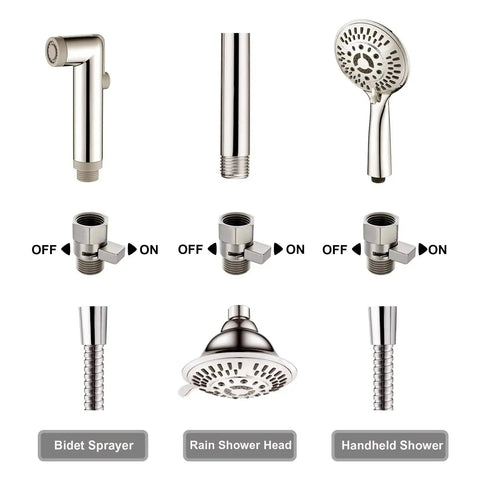 Shower Flow Control Valve With Brass Body And Handle Lever For Adjustable Water Volume And Brushed Nickel Finish High Efficiency Flow Regulator To Save Water Durable Pro Grade Brass Shower Valve By Bright Showers components illustration