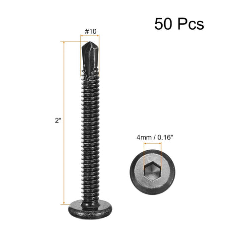Hex Socket Self-Tapping Screws No. 10 X 2 Inches, 410 Stainless Steel Black Flat Head Drilling Screws For Sheet Metal And Wood, 50-Piece Set