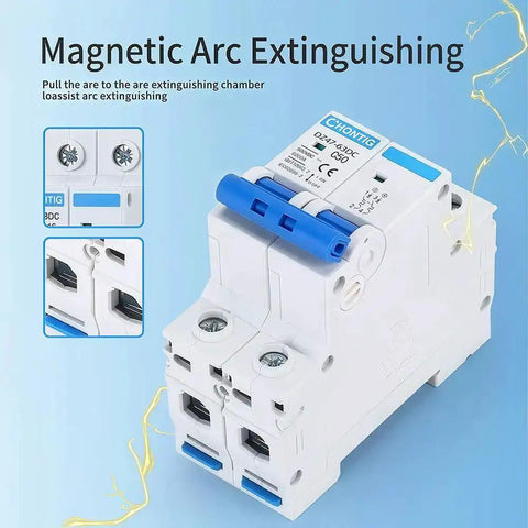 50 Amp Miniature DC Circuit Breaker 500V Two Pole Solar PV Disconnect Switch With Thermal Magnetic Trip DIN Rail Mount