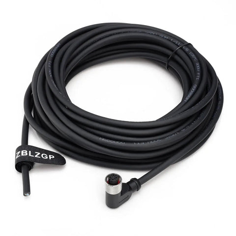 M12 4 Pin Right Angle Female to Open Connector Shielded Sensor Cable coiled with PVC molded shield, 10 meters.