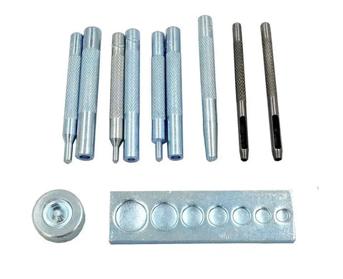 Leather Craft Rivet And Snap Kit Set 11 Piece Die Punch And Rivet Setter Tool with base for installing metal poppers in 10mm to 17mm.