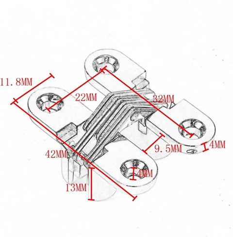 Drawing of Hidden 8x42MM Concealed Cross Door Hinge with 180 Degree Swing and dimensions for wood doors and cabinets.