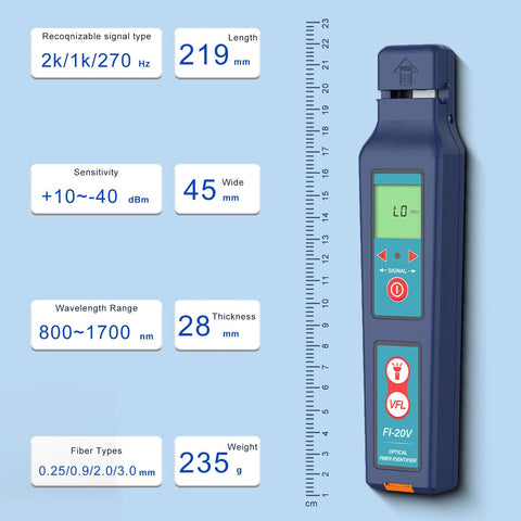 Blue optical fiber identifier with built-in VFL, LCD screen, and ruler; 800–1700 nm for 0.25/0.9/2.0/3.0 mm fiber