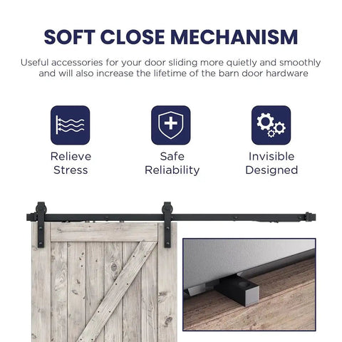 Sliding Barn Door Soft Close Hardware Kit For Single Door With Invisible Track Design Includes Step By Step Manual Fits 36 Inch Door Panel For A Smooth Quiet Operation Across Five To Ten Feet Of Track And Durable Two Piece Track System highlighted with soft close mechanism description.