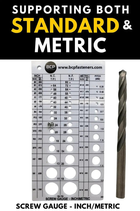 Easy Read Screw Thread Gauge Metric And Sae, Quick Size Finder That Recommends Drill Bit And Tap Size For Screws, shown with drill