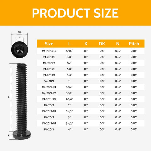 Product size chart for 1/4-20 Stainless Steel Flat Head Hex Socket Cap Screws Bolts, 1 In, 25 Pcs, Black Oxide 304 Stainless.