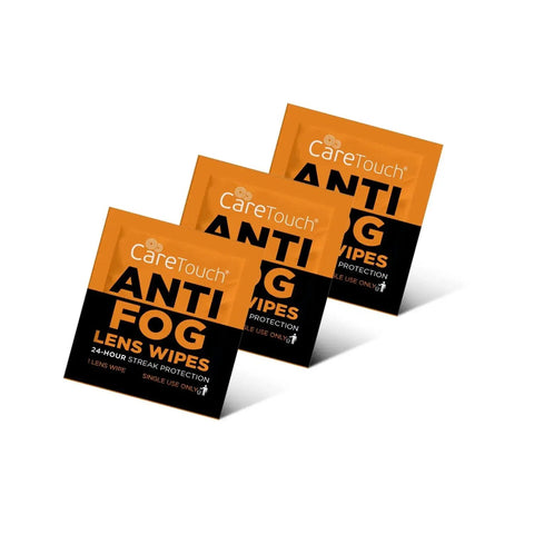 Three Anti Fog Glasses Wipes With Streak Free Clarity 100 Individually Wrapped shown in orange packaging.