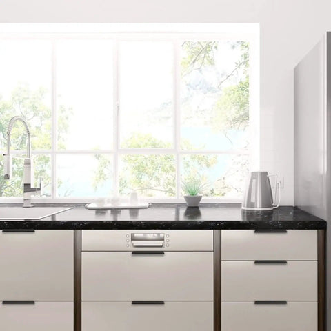 Modern kitchen with white cabinets featuring 10 Pack 5 Inch Brushed Nickel Cabinet Pulls Finger Pulls And Edge Pulls For Kitchen Cabinets.